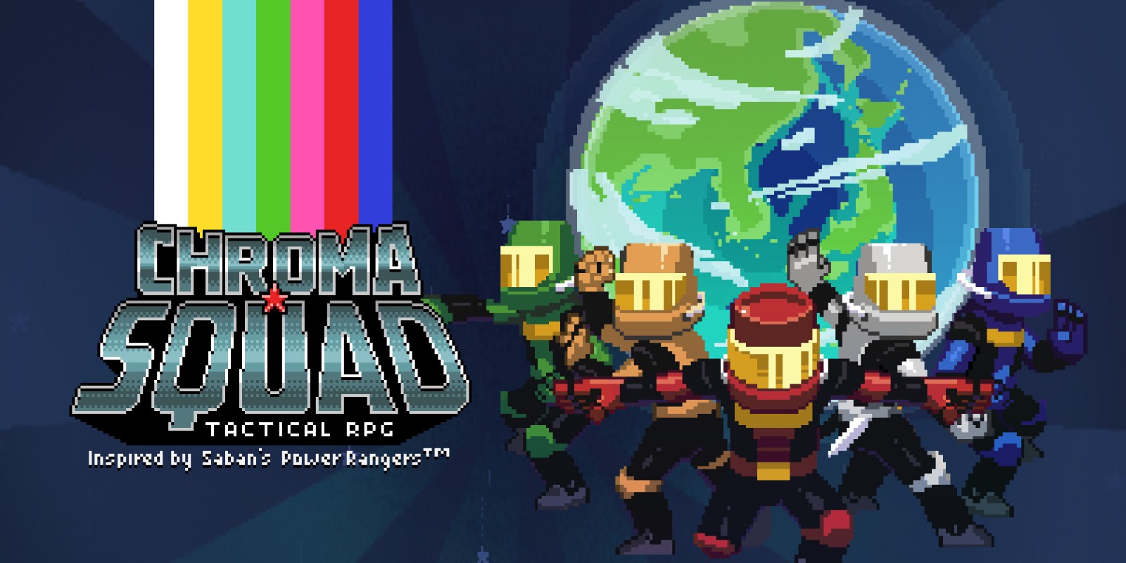Arte promocional do jogo Chroma Squad com heróis em poses de ação